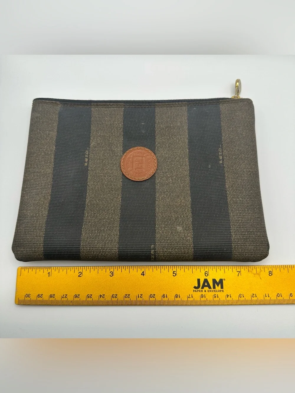 Fendi Pequin Stripe Zip Pouch Cosmetic Bag Brown Black Roma Vtg Authentic Italy